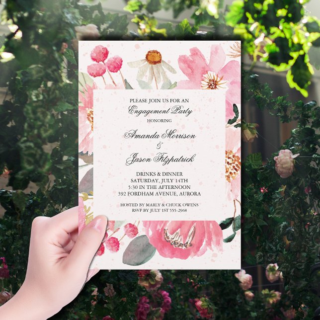 Garden Flowers Engagement Party Invitation (Watercolor pink garden flowers engagement party invitations)