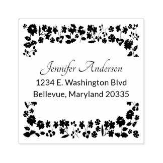 Garden Flowers Frame Family Name Return Address Rubber Stamp