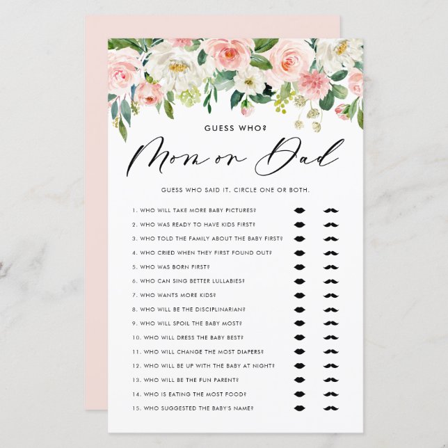 Garden Flowers Mum or Dad Baby Shower Game (Front/Back)