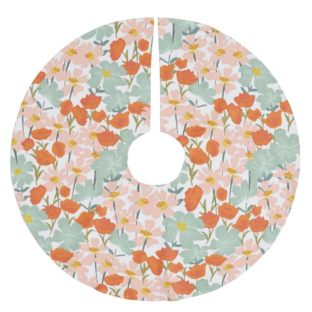 Garden flowers: pink, orange seamless brushed polyester tree skirt (Front)