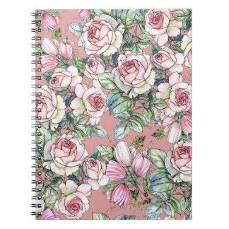Garden flowers rose with tulips painted in waterco notebook