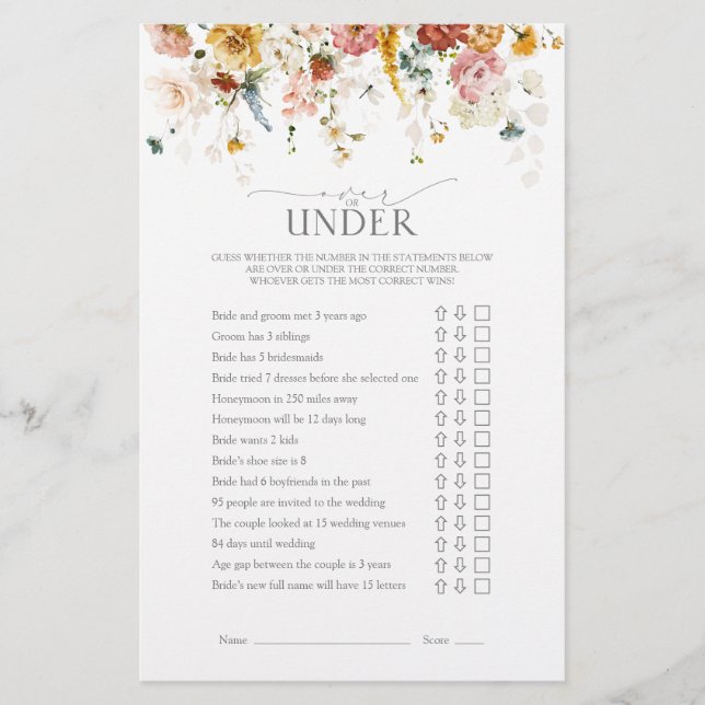 Garden Flowers Watercolor Bridal Shower Game (Front)