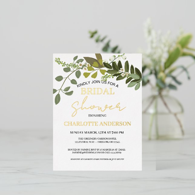Garden Foliage  Greenery Vines Bridal Shower Gold Foil Invitation Postcard (Standing Front)