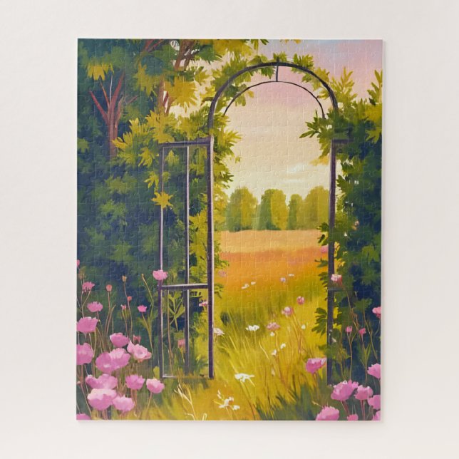 Garden Gate | Pink Flowers Botanical Watercolor Jigsaw Puzzle (Vertical)