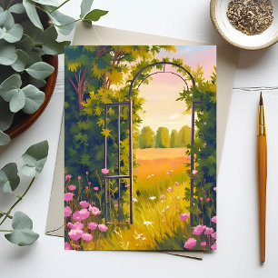 Garden Gate   Pink Flowers Botanical Watercolor Postcard