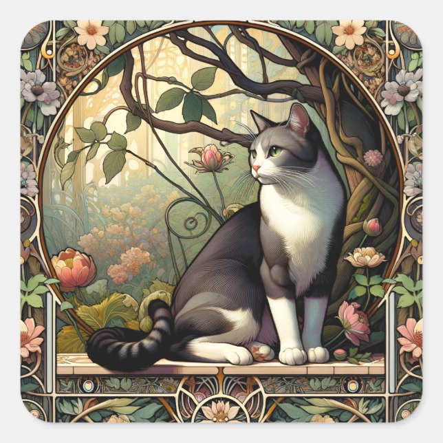 Garden Gateway Art Nouveau Cat Square Sticker (Front)