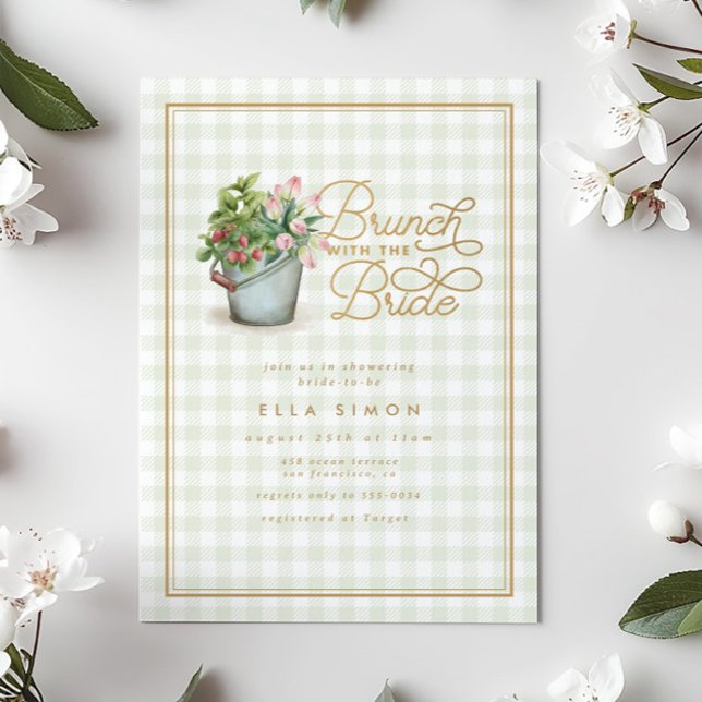 Garden Gingham Sage Gold Bridal Shower Brunch Invitation (Creator Uploaded)