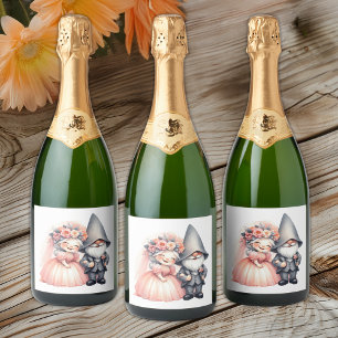 Garden Gnome Bride Groom Fairytale Rustic Wedding Sparkling Wine Label