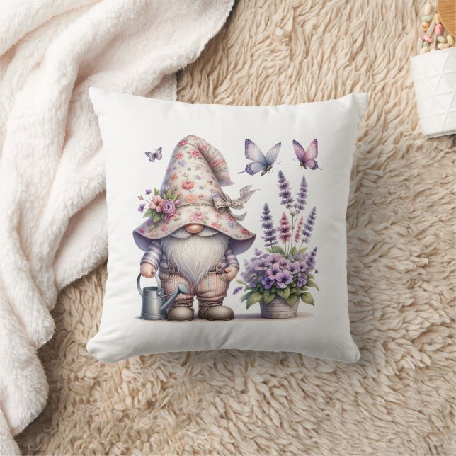 Garden Gnome Purple Pink Flower Lavender Butterfly Cushion (Blanket)