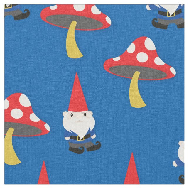 Garden Gnomes and Mushrooms Cute Cartoon Fabric (Close Up)
