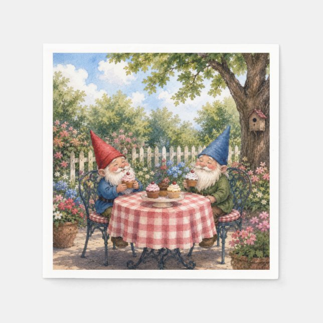 Garden Gnomes Eating Cupcakes Napkin (Front)