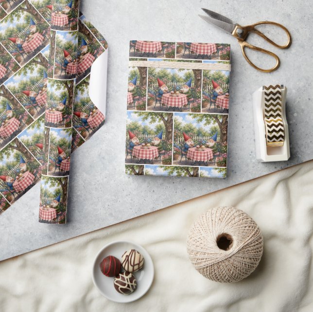 Garden Gnomes Eating Cupcakes Wrapping Paper (Crafts)