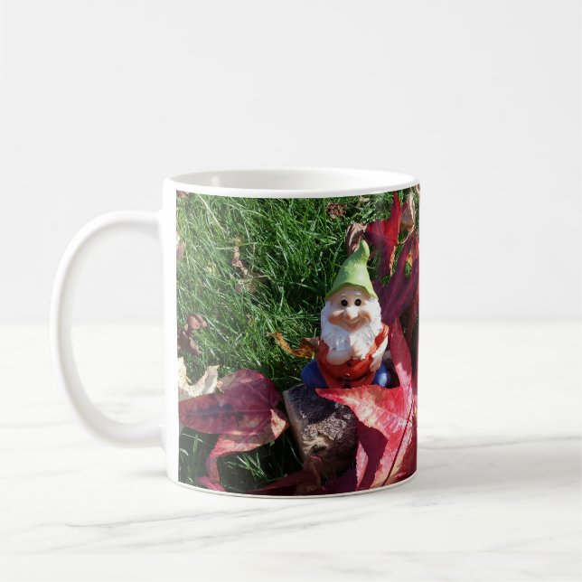 Garden Gnomes in the Yard Fall Red Brown Leaves Co Coffee Mug (Left)