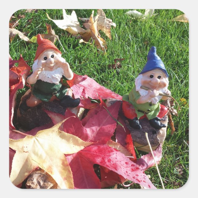 Garden Gnomes in the Yard Fall Red Brown Leaves Square Sticker (Front)