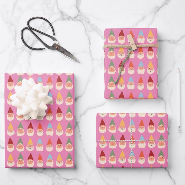 Garden Gnomes Pink Background Wrapping Paper Sheet (Front)