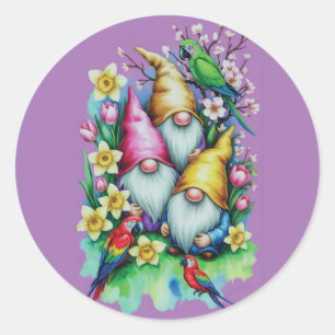 Garden Gnomes with Parrots and Spring Florals Classic Round Sticker
