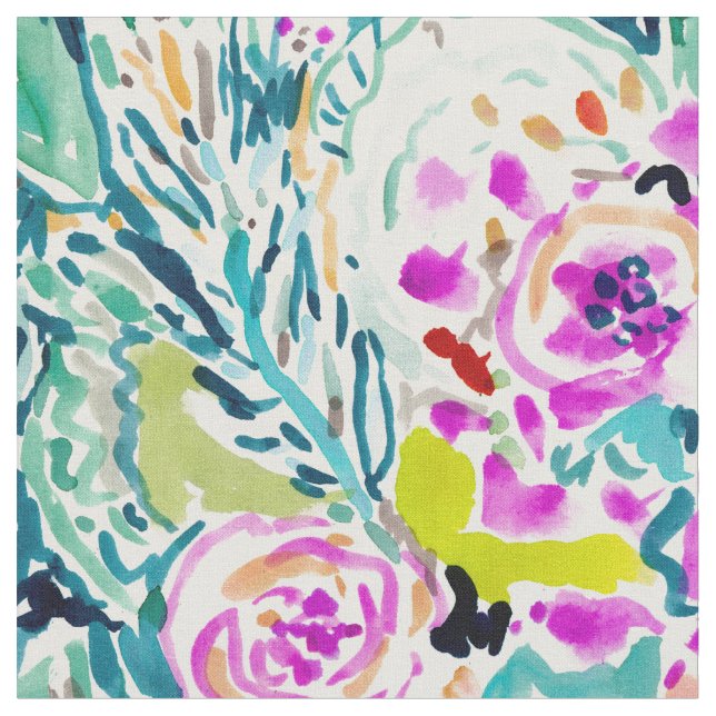 GARDEN GRAVY Colourful Floral Watercolor Print Fabric (Close Up)