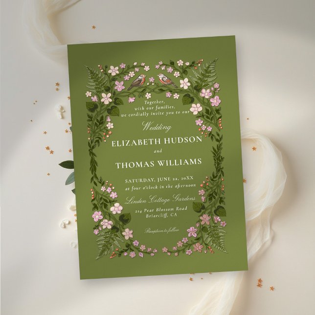 Garden Green Enchanted Backyard Rose Gold Wedding (garden wedding invitation hand drawn botanical floral frame birds green white rose gold foil elegant)