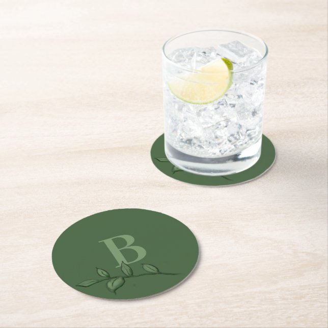 Garden Green Monogram Round Paper Coaster (Insitu)