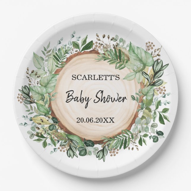 Garden Greenery Botanical Forest Baby Shower Party Paper Plate (Front)