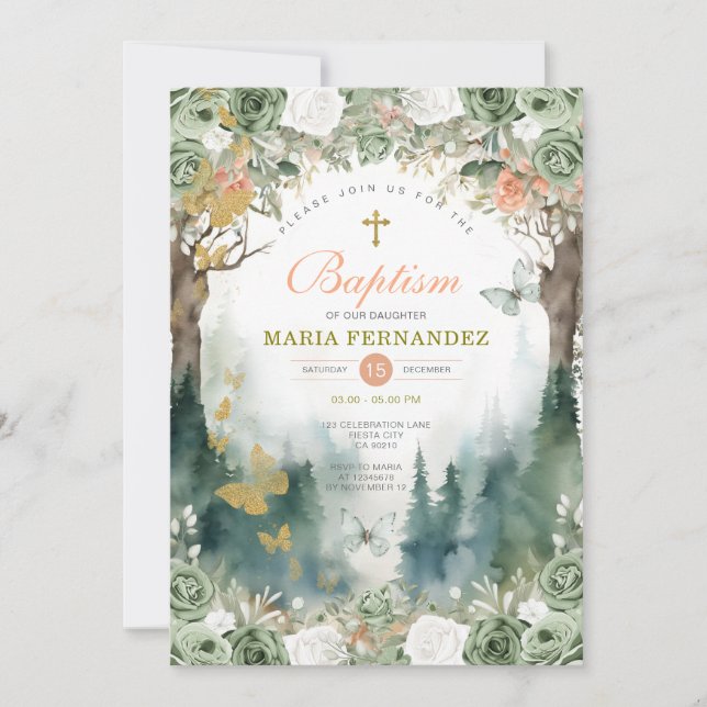 Garden Greenery Flowers Baptism Invitation  (Front)