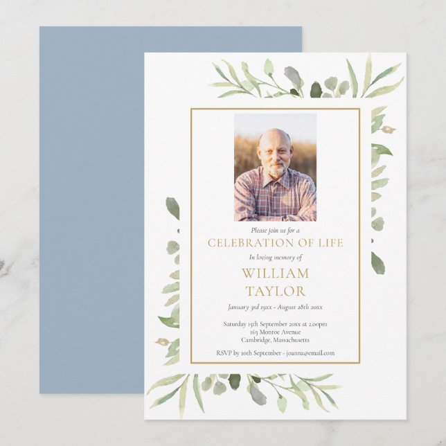 Garden Greenery Funeral Celebration of Life Photo Invitation (Front/Back)