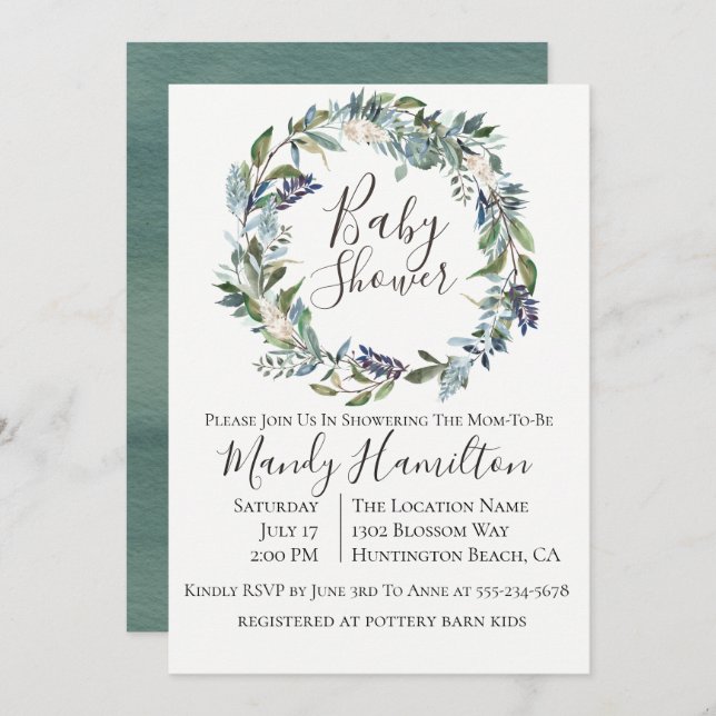 Garden Greenery Wreath Baby Shower Invitation (Front/Back)