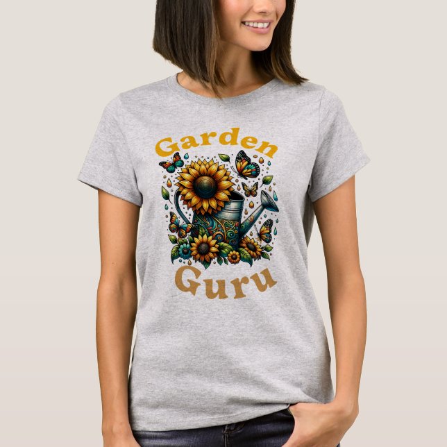 Garden Guru Watering Can and Sunflowers Grey T-Shirt (Front)