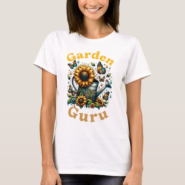 Garden Guru  Watering Can and Sunflowers White T-Shirt (Front)