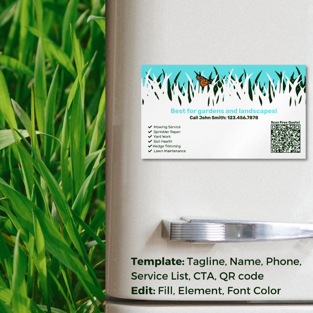 🌿🦋Garden Health: Professional Lawn Care Service Magnetic Business Card (Garden Health: Professional Lawn Care Service Business Card Magnet)