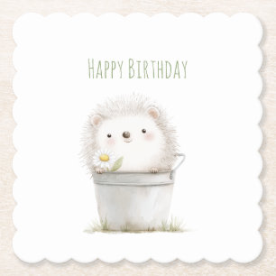 Garden Hedgehog with Daisy Flower Birthday Paper Coaster