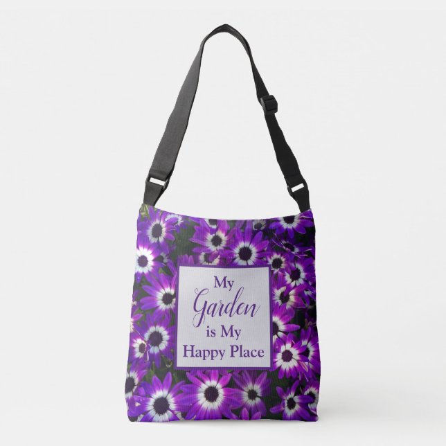 Garden is My Happy Place Bright Purple Flower Crossbody Bag (Front)