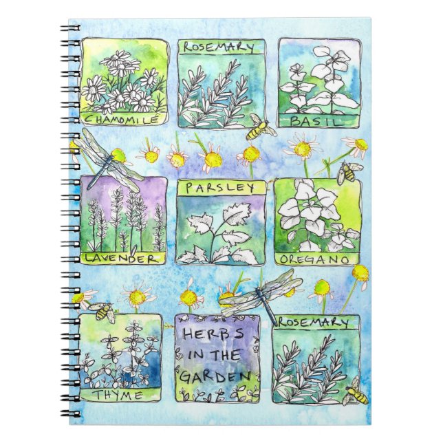 Garden Journal Basil Plants Dragonfly Bees Herb  (Front)