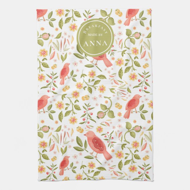 Garden Kitchen – Botanical Bird & Fruits Design Tea Towel (Vertical)