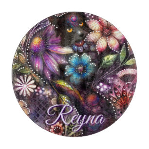 Garden Kitty Cat Floral Abstract Personalised Cutting Board