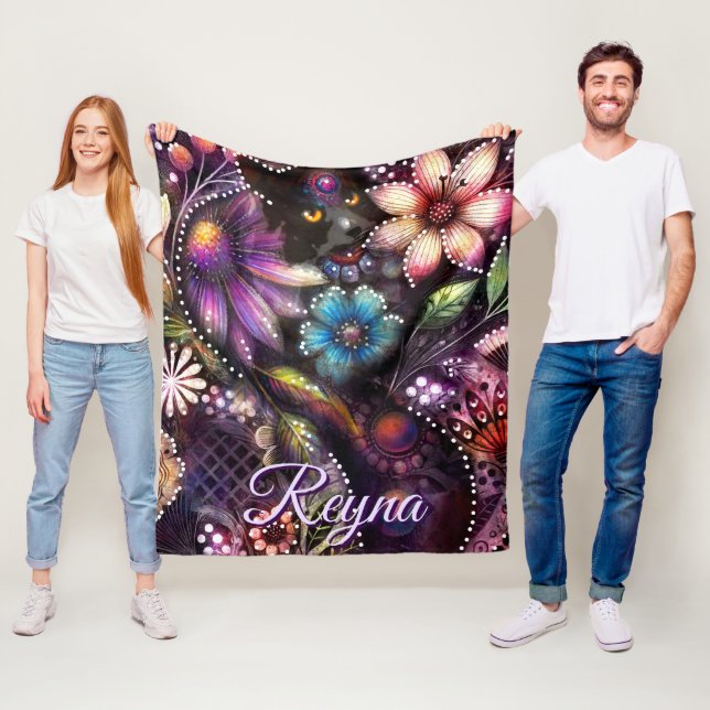 Garden Kitty Cat Floral Abstract Personalised Fleece Blanket (In Situ)