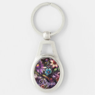 Garden Kitty Cat Floral Abstract Personalised Key Ring