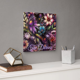 Garden Kitty Cat Floral Abstract Personalised Square Wall Clock