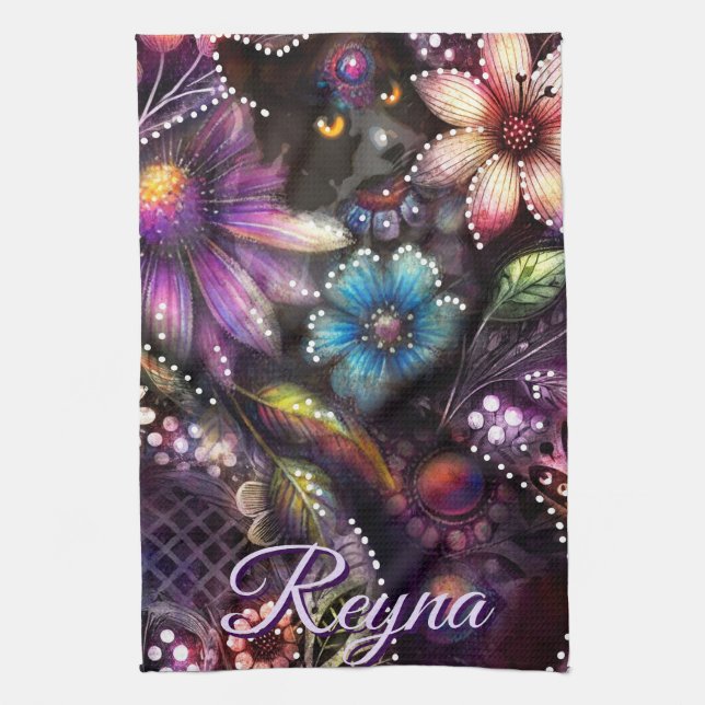 Garden Kitty Cat Floral Abstract Personalised Tea Towel (Vertical)