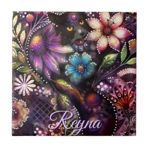 Garden Kitty Cat Floral Abstract Personalised Tile