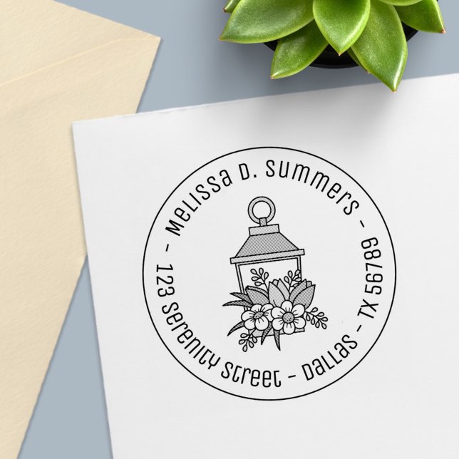 Garden Lantern Flowers Round Address 1 Self-inking Stamp (Creator Uploaded)