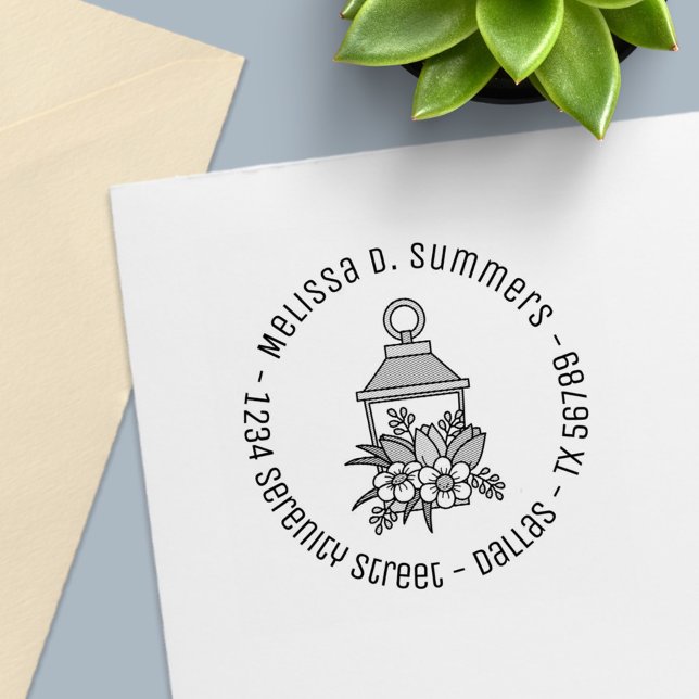Garden Lantern Flowers Round Address 4 Self-inking Stamp (Creator Uploaded)