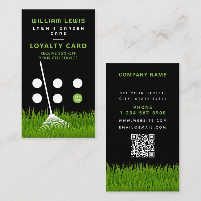 Garden Lawn Care Modern Grass Rake Loyalty Business Card (Front/Back)