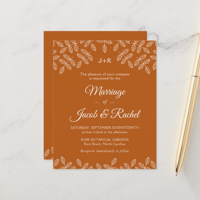 Garden Leaves Burnt Orange Fall Wedding Invitation (Front/Back In Situ)