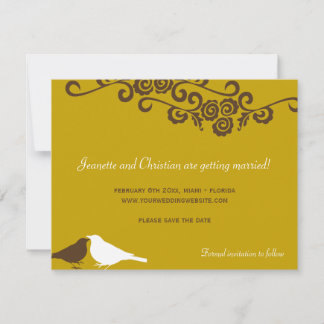 Garden love birds tan brown wedding save the date invitation