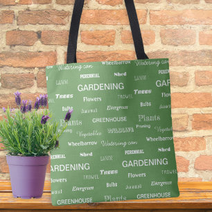 Garden Lover Gardening Words Patterned Green Tote Bag