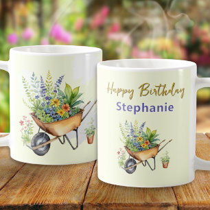 Garden Lover Wheelbarrow Watercolor Happy Birthday Coffee Mug