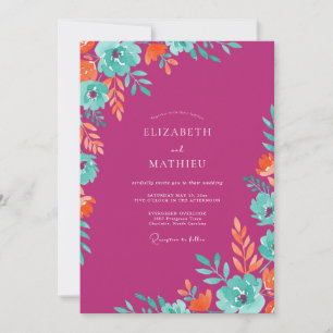 Garden Magenta Teal Wildflower Wedding Invitation