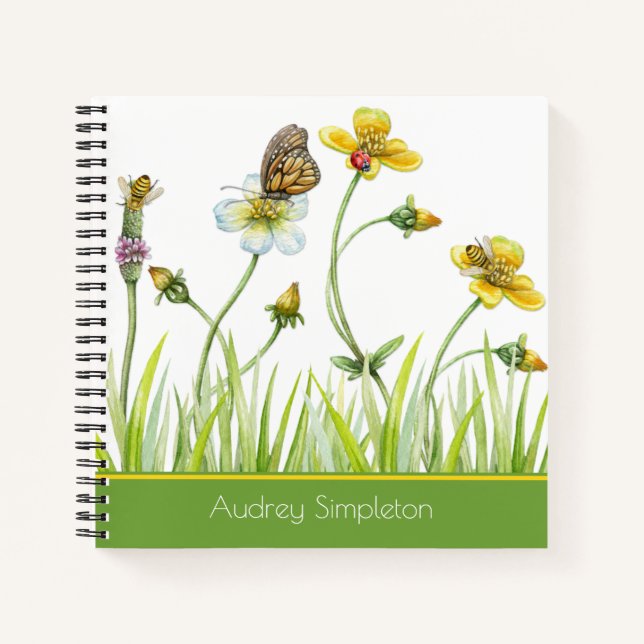 Garden Meadow Flowers Butterfly Bees Square Notebook (Front)