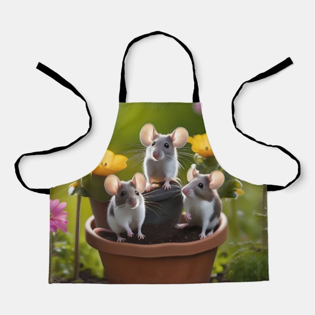 "Garden Mischief: Three Mice in Flower Pots" Apron (Front)
